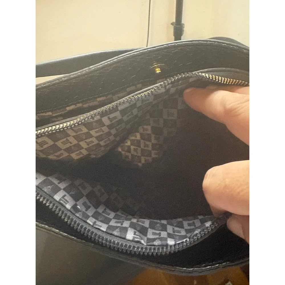 London Fog Black Snakeskin Embossed Shoulder Bag Gold Logo Faux Leather Tote